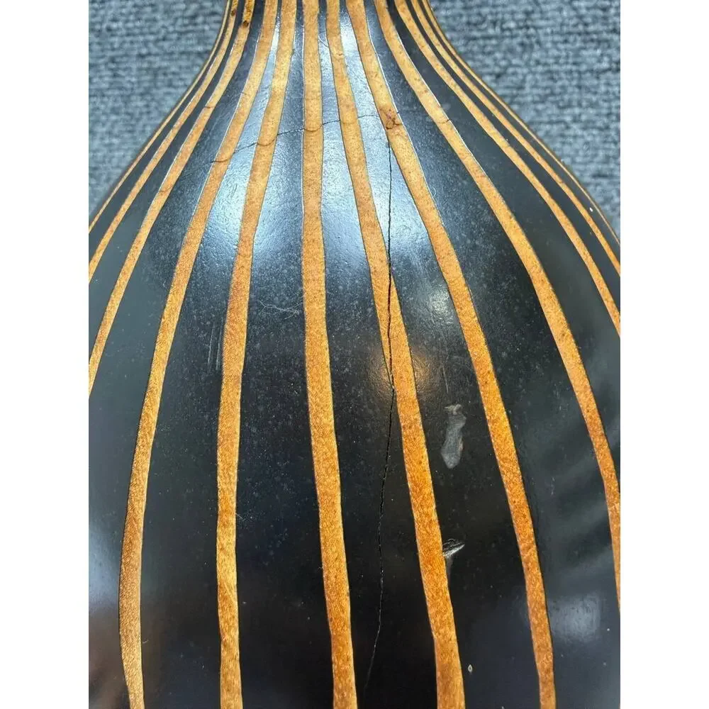 Vintage Wooden Decorative Vase Black Carved Thailand Cracks
